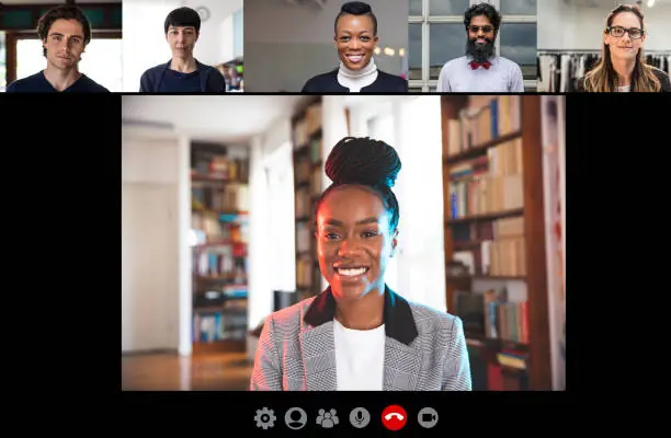 A video call with several people taking part in an online group